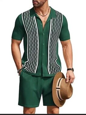 Coofandy Green Short-Sleeve Button Down Shirt Vertical Stripe Panels Size 2XL